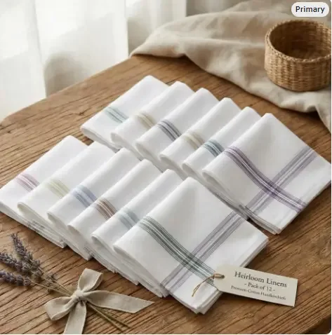 Striped Cotton Handkerchiefs — Pack of 12, Eco-Friendly Reusable