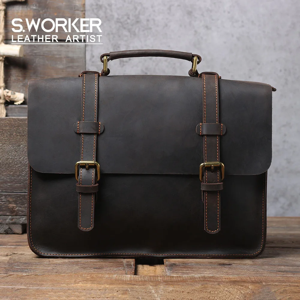 S.WORKE Vintage Leather Briefcase:
  Crazy-horse Cowhide Laptop Shoulder Bag