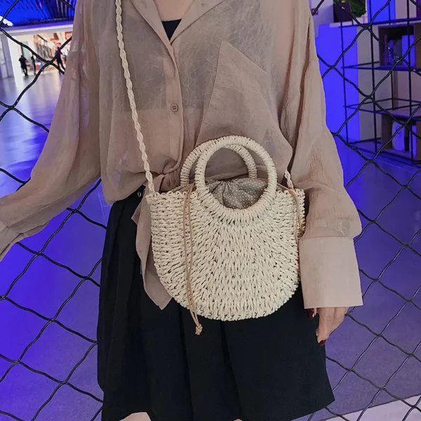 Half-Round Rattan Beach Bag: Large
  Capacity Travel Weave Handle Shoulder Bag - Image 4