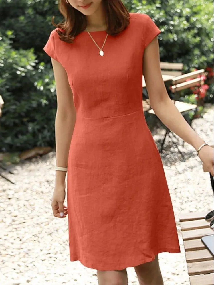 Solid Color Dress: Back V-Hollow,
  Short-Sleeve, Comfortable Knee-Length