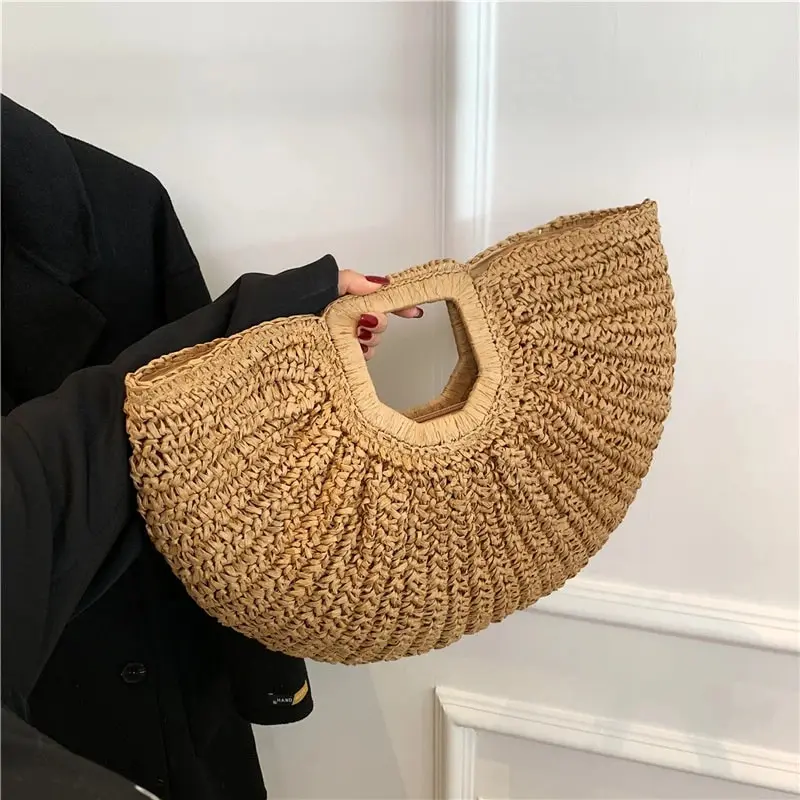 Summer Straw Half-Moon Beach Handbag:
  Rattan Handle Knitted Tote Bag