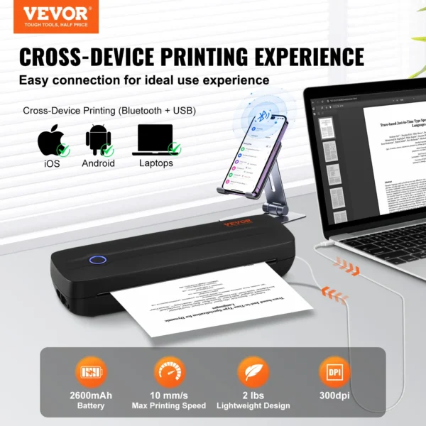 VEVOR
  Portable Bluetooth Inkless Mobile Thermal Printer for A4/A5 Documents - Image 2