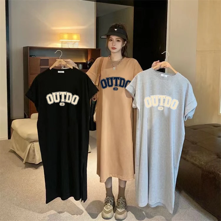 Korean Loose Casual Dress: Short Sleeve,
  Letter Print, Mid-Length Skirt