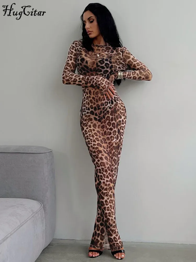 Hugcitar Leopard Print Mesh Maxi Dress: Long Sleeve
  See-Through Clubwear