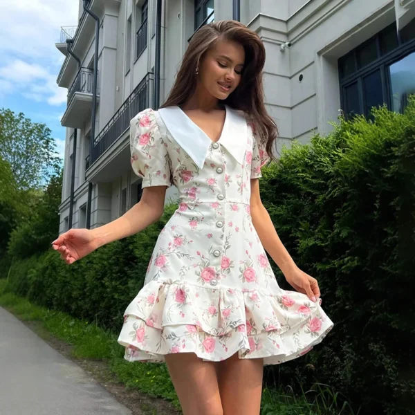 Tornova Puff Sleeve Mini Dress: Ruffled
  V-Neck, Pearl Buttons, High Waist