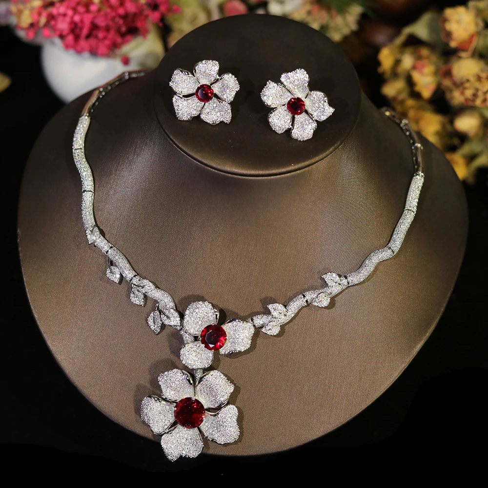 ASNORA Luxury Big Flowers Jewelry Set:
  Zirconia Dubai Bridal Wedding