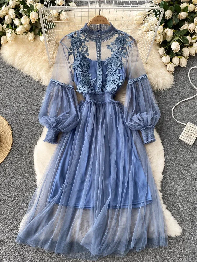 3D Flower Mesh Dress: Stand Collar Lantern Sleeve High Waist Slim Fit 4 3D Flower Mesh Dress: Stand Collar
  Lantern Sleeve High Waist Slim Fit - Image 4
