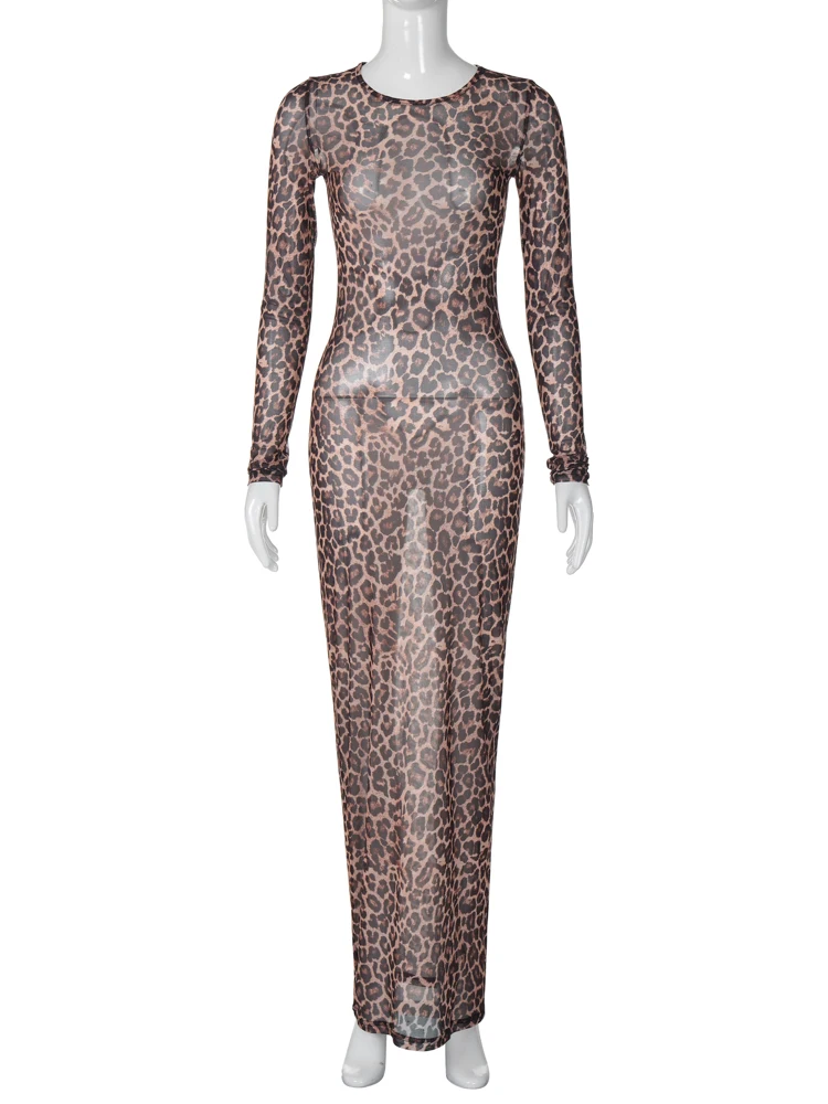 Hugcitar Leopard Print Mesh Maxi Dress: Long Sleeve See-Through Clubwear 6 Hugcitar Leopard Print Mesh Maxi Dress: Long Sleeve
  See-Through Clubwear - Image 6