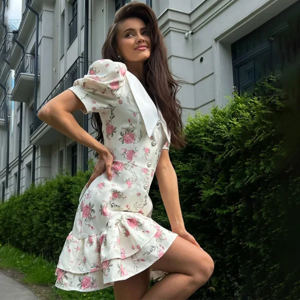 Tornova Puff Sleeve Mini Dress: Ruffled
  V-Neck, Pearl Buttons, High Waist - Image 2