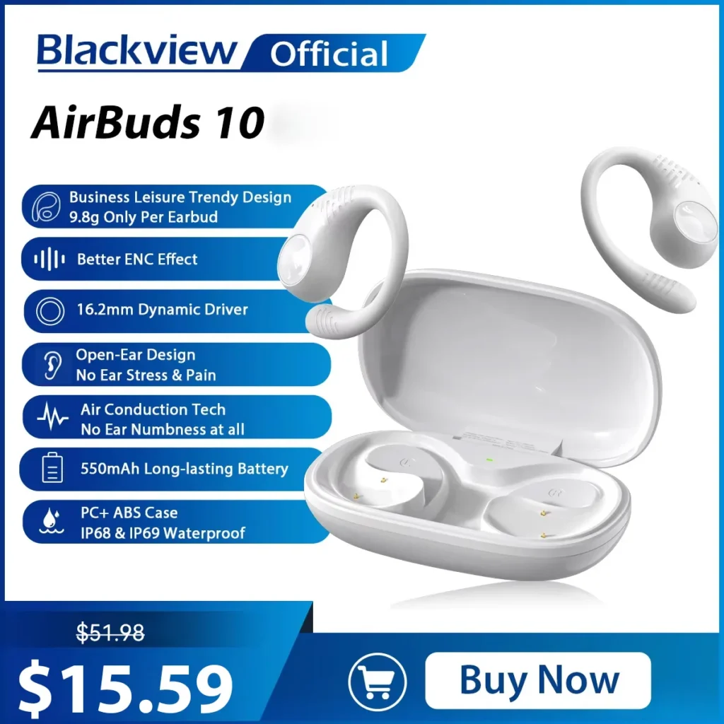 Blackview Airbuds 10: TWS Open Ear
  Headphones, Bluetooth 5.2, Air Conduction