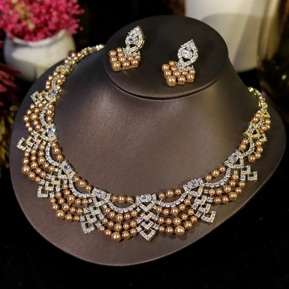 Crystal Zircon Golden Pearl Necklace:
  Dubai Bridal Indian Jewelry Set
