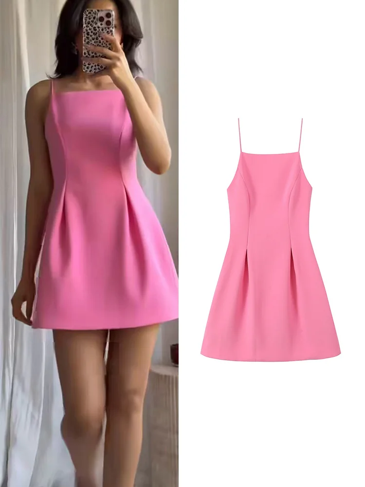 TFMLN Pink Spaghetti Strap Mini Dress:
  Slim A-Line Party Fashion