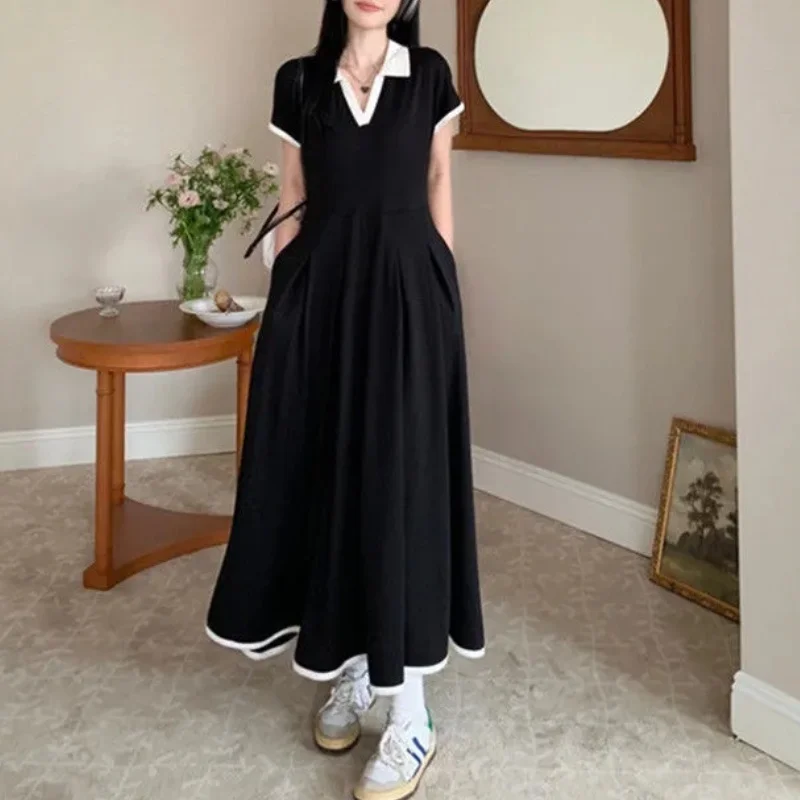 Plus Size Black Midi Dress: Elegant Short
  Sleeve Loose Pleated Office Dress