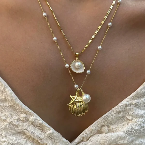 2-Pc Gold Plated Starfish Necklace:
  Pearl Ocean Beach Jewelry for Women