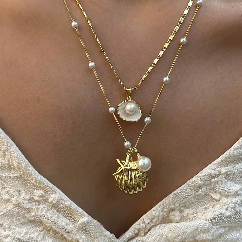 2-Pc Gold Plated Starfish Necklace:
  Pearl Ocean Beach Jewelry for Women