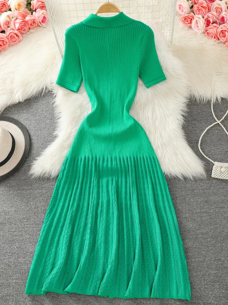 Elegant Knitted Long Dress: Black/Beige/Green, Short Sleeve Pleated Office 4 Elegant Knitted Long Dress:
  Black/Beige/Green, Short Sleeve Pleated Office - Image 4
