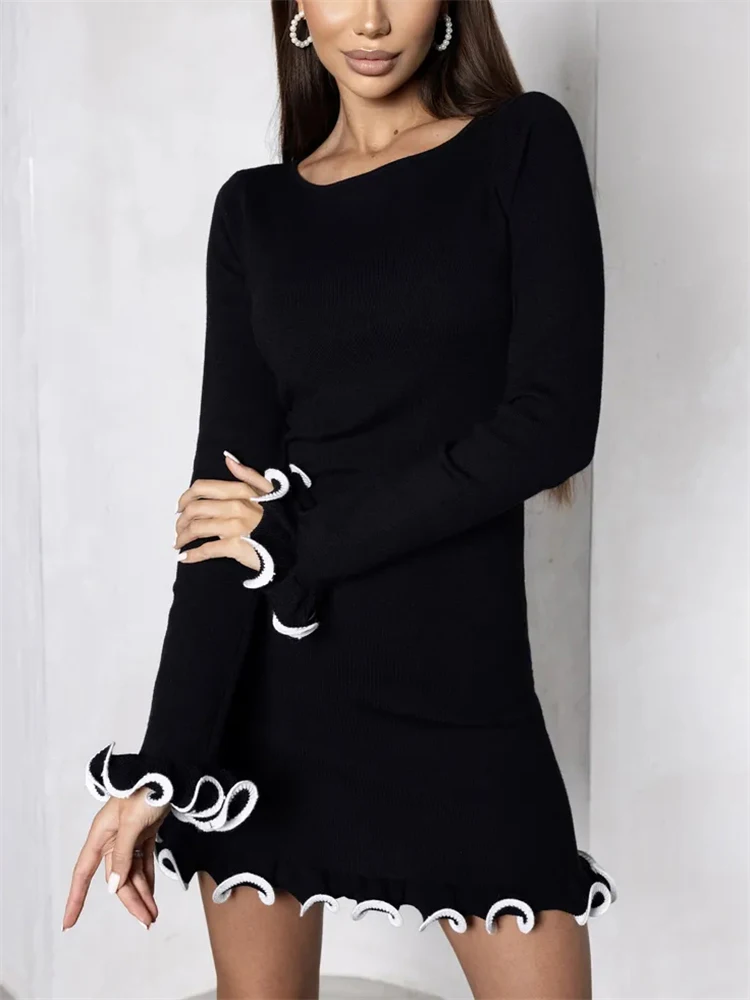 TARUXY Knit Mini Dress: Contrast Color, Slim Sweater Dress, Long Sleeve 3 TARUXY Knit Mini Dress: Contrast Color,
  Slim Sweater Dress, Long Sleeve - Image 3