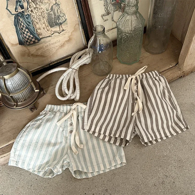 Vintage Linen
  Cotton Baby Boys Stripe Shorts: Casual Button Pocket (0-3Yrs)