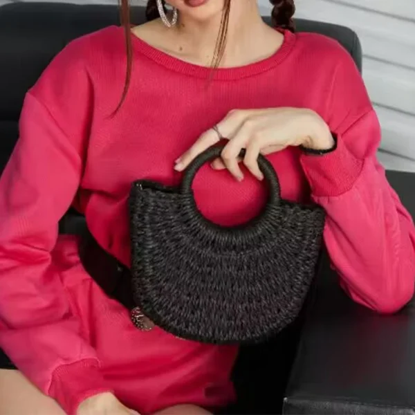 Half-Round Rattan Beach Bag: Large
  Capacity Travel Weave Handle Shoulder Bag - Image 2