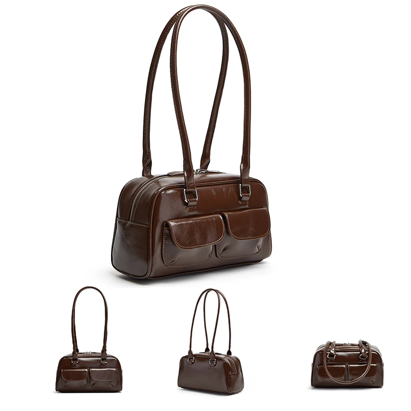 Oil Wax Leather Bowling Bag: Multi-Pocket Armpit Commuting Handbag 3 Oil Wax Leather Bowling Bag:
  Multi-Pocket Armpit Commuting Handbag - Image 3
