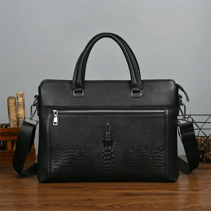 Classic Alligator Cow Leather Briefcase: Large Laptop Shoulder Crossbody Bag 3 Classic Alligator Cow Leather Briefcase:
  Large Laptop Shoulder Crossbody Bag - Image 3