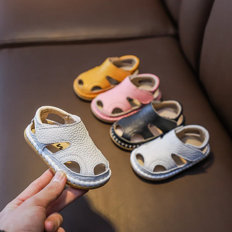 Baby Genuine
  Leather Sandals: Breathable Hollow Kids Soft Sole Beach