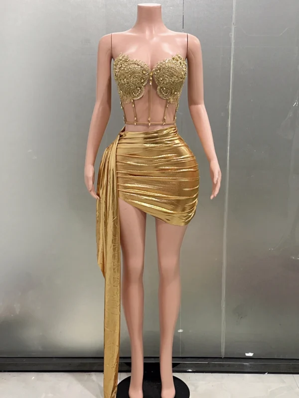 2-Pc Strapless Bodycon Mini Dress (Gold):
  Sexy Nightclub Party Wear