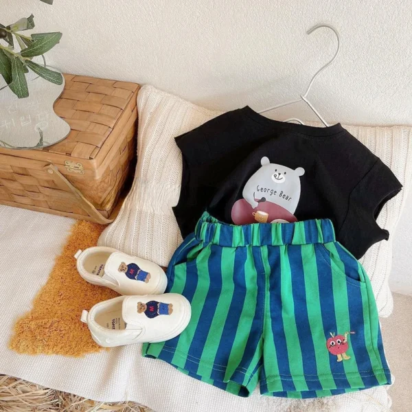 2PCS Korean
  Style Toddler Shorts: Elastic Band Striped Kids Casual Shorts - Image 2