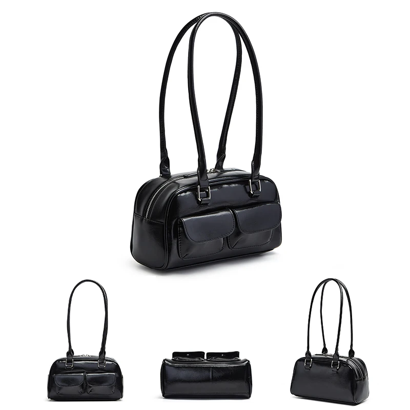Oil Wax Leather Bowling Bag: Multi-Pocket Armpit Commuting Handbag 2 Oil Wax Leather Bowling Bag:
  Multi-Pocket Armpit Commuting Handbag - Image 2