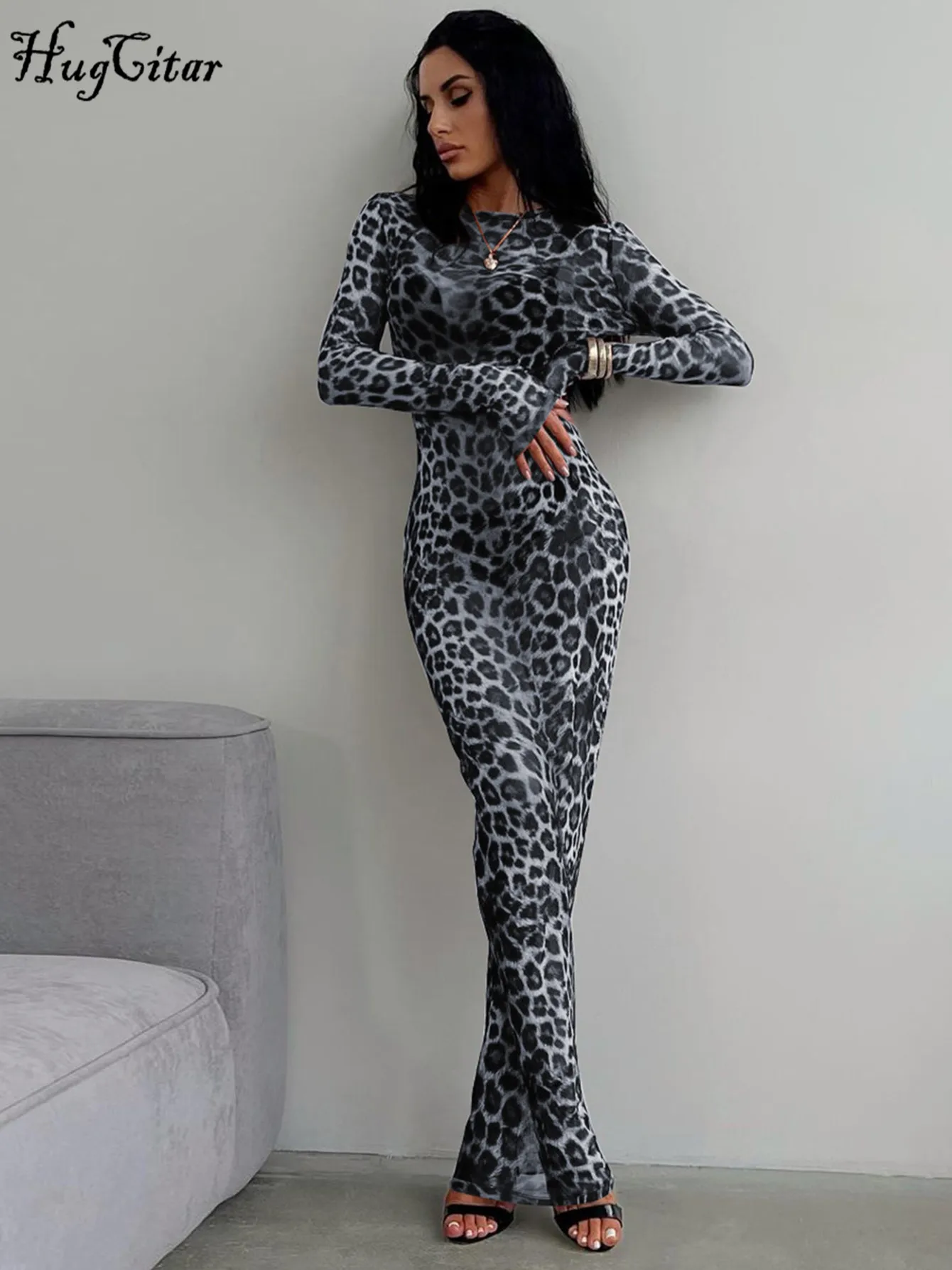 Hugcitar Leopard Print Mesh Maxi Dress: Long Sleeve See-Through Clubwear 4 Hugcitar Leopard Print Mesh Maxi Dress: Long Sleeve
  See-Through Clubwear - Image 4