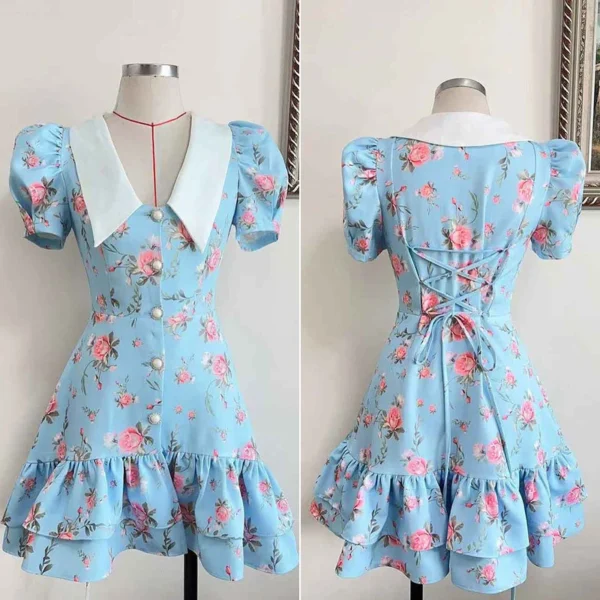 Tornova Puff Sleeve Mini Dress: Ruffled
  V-Neck, Pearl Buttons, High Waist - Image 5