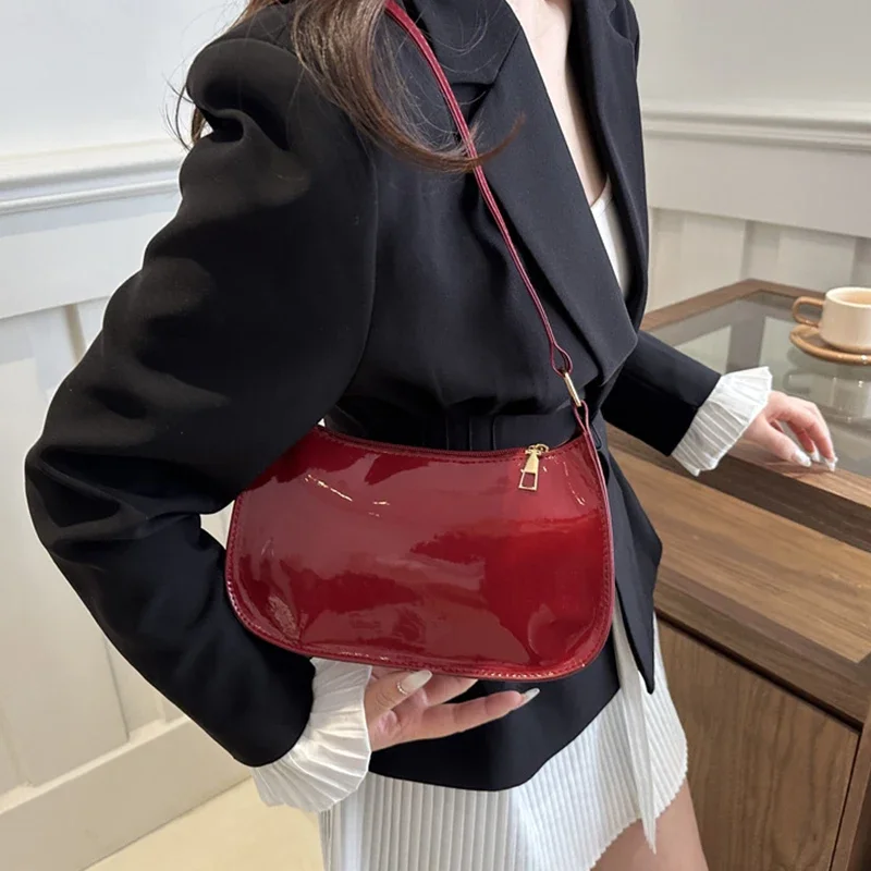 Vintage Patent Leather Shoulder Bag:
  Fashion Casual Designer Underarm Hobo