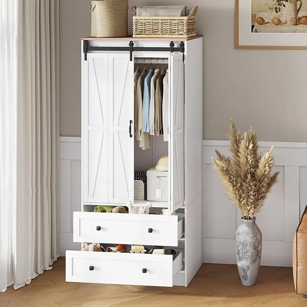 Farmhouse Armoire: Wooden Wardrobe
  Closet w/ 2 Folding Barn Doors & Drawers