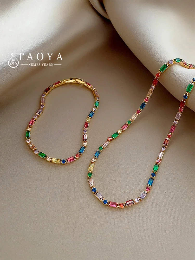 Luxury Colorful Zircon Chain Necklace
  & Bracelet Set: Exquisite Korean Gift