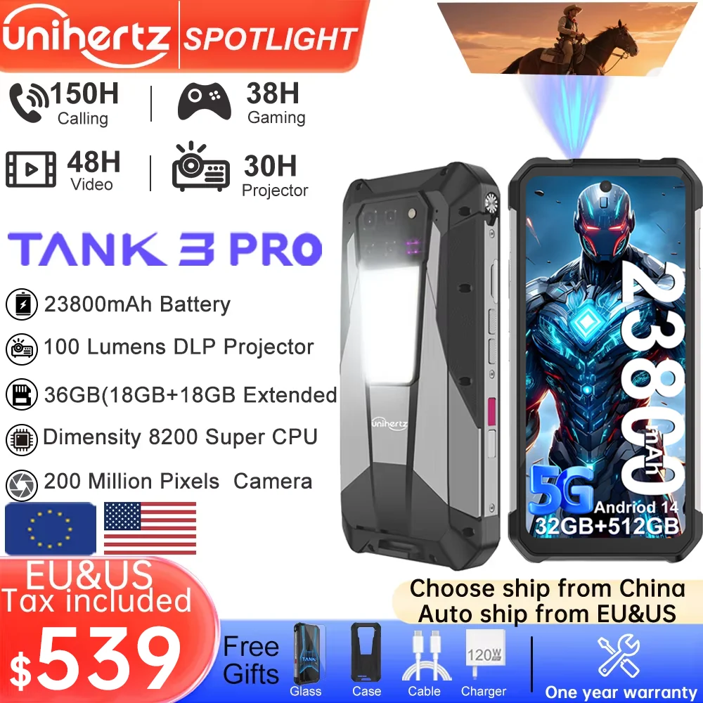 Unihertz Tank
  3 Pro 5G Rugged Phone: 100 Lumens Projector, 23800mAh