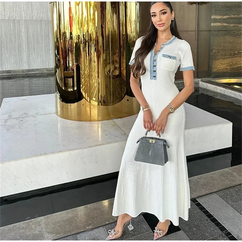 Elegant Knit Maxi Dress: Contrast O-Neck,
  Short Sleeve, Metal Button Bodycon