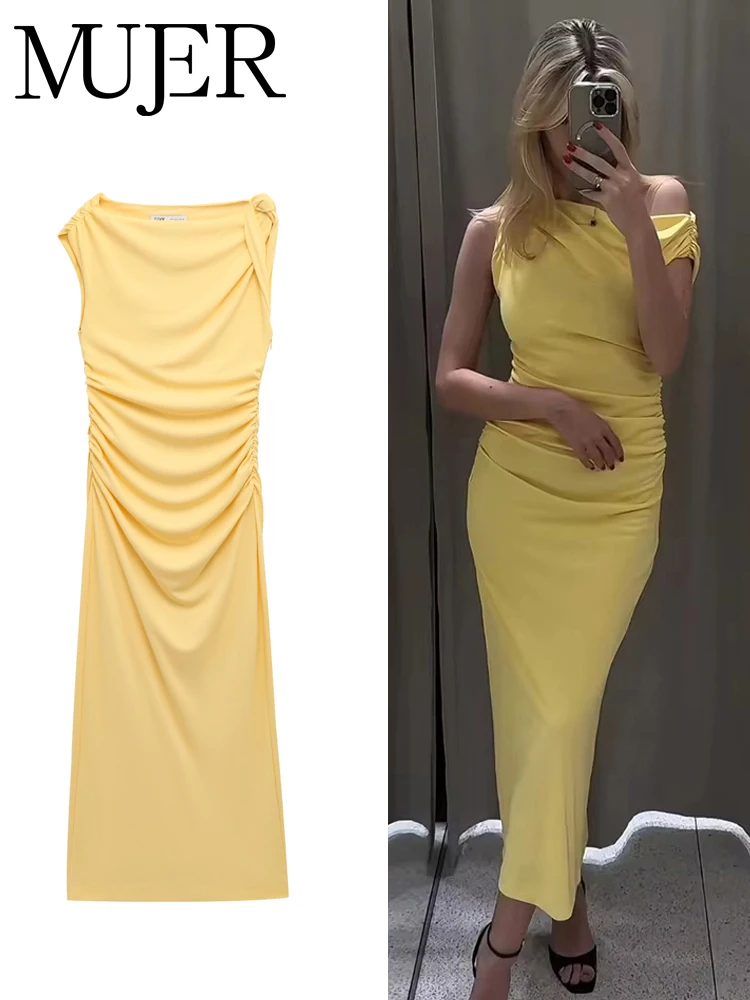 MUJER Yellow Draped Long Dress:
  Asymmetric Sleeveless Pleated Beach Party