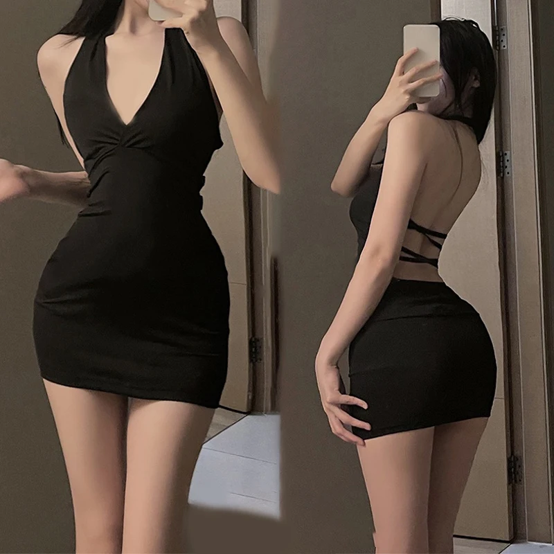 1Pc Erotic Dress: Sexy Women's Uniform
  V-Neck Slim Backless Mini Dress