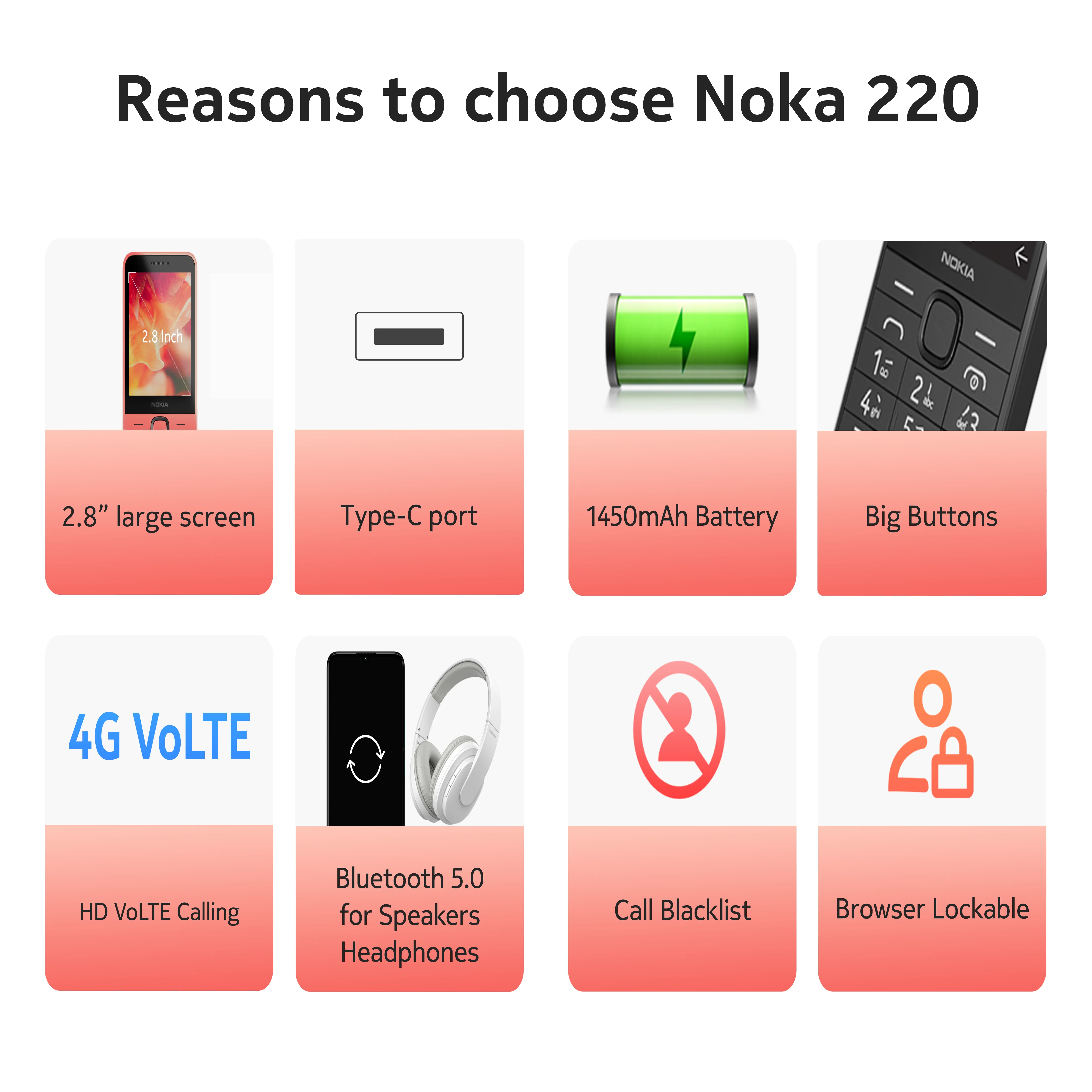 Nokia 215/220 4G Feature Phone: 2.8" Screen, Bluetooth, 1450mAh, Type-C 1 Nokia 215/220
  4G Feature Phone: 2.8" Screen, Bluetooth, 1450mAh, Type-C