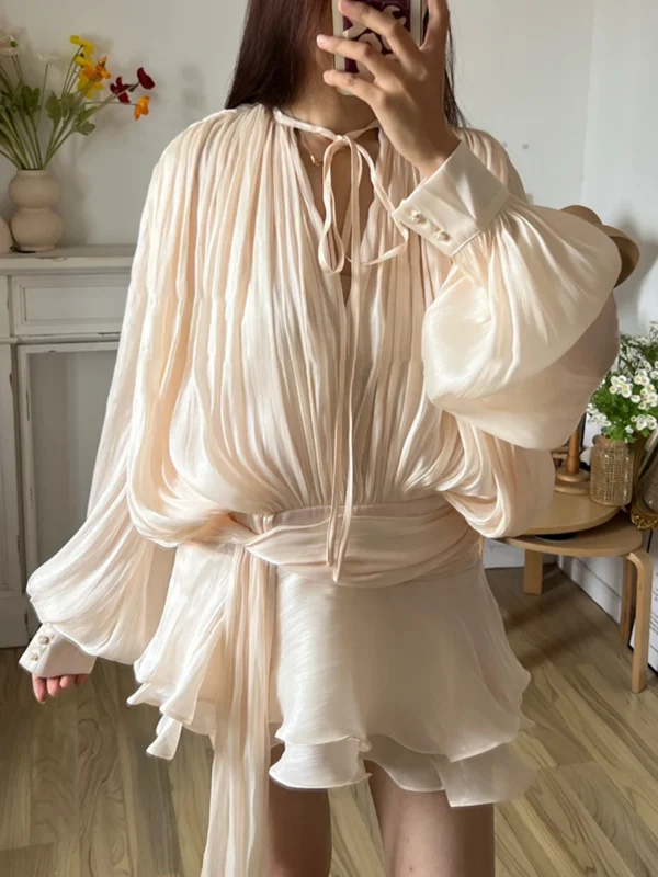 TWOTWINSTYLE Solid Mini Dress: V-Neck
  Long Sleeve Spliced Lace-Up Fashion
