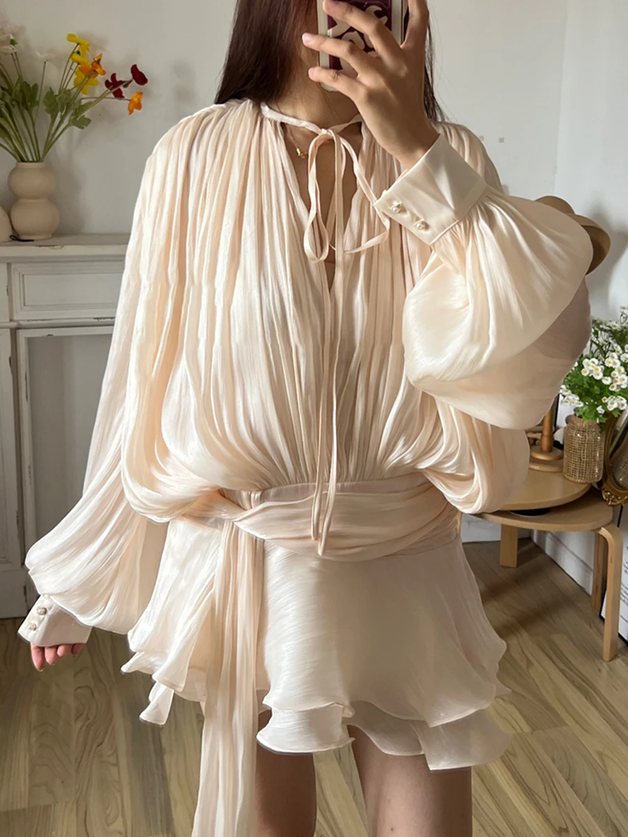 TWOTWINSTYLE Solid Mini Dress: V-Neck
  Long Sleeve Spliced Lace-Up Fashion