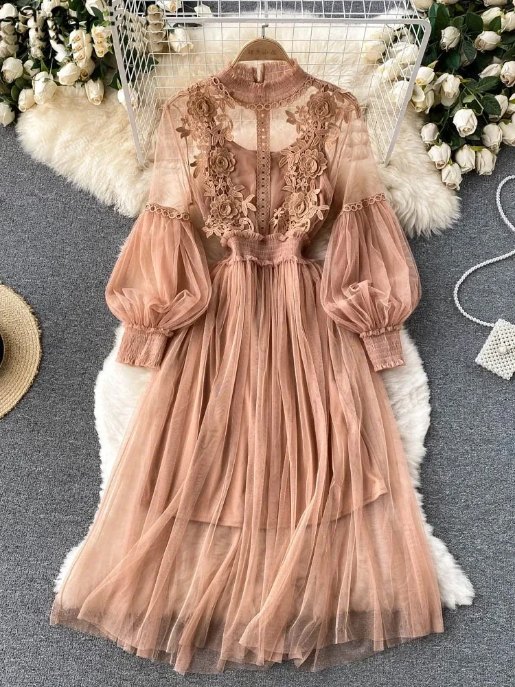 3D Flower Mesh Dress: Stand Collar
  Lantern Sleeve High Waist Slim Fit