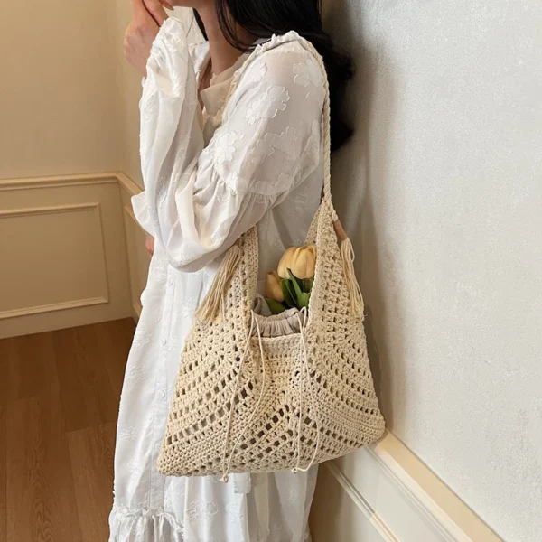 2-IN-1 Crochet Shoulder Bag Set: Raffia
  Boho Rattan Summer Beach Tote - Image 5