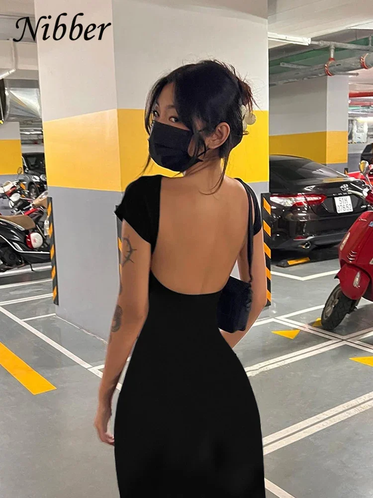 Nibber Solid Backless Maxi Dress: Elegant Slim Short Sleeve Bodycon Streetwear 2 Nibber Solid Backless Maxi Dress: Elegant
  Slim Short Sleeve Bodycon Streetwear - Image 2