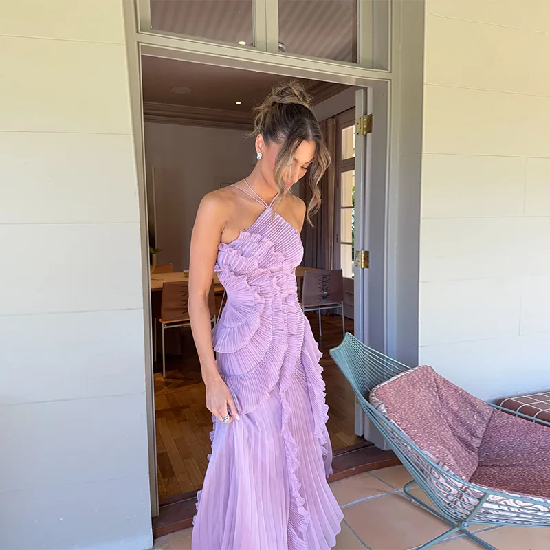 Pleated Halter Neck Maxi Dress: Purple
  Strapless Lotus Edge Vacation Gown