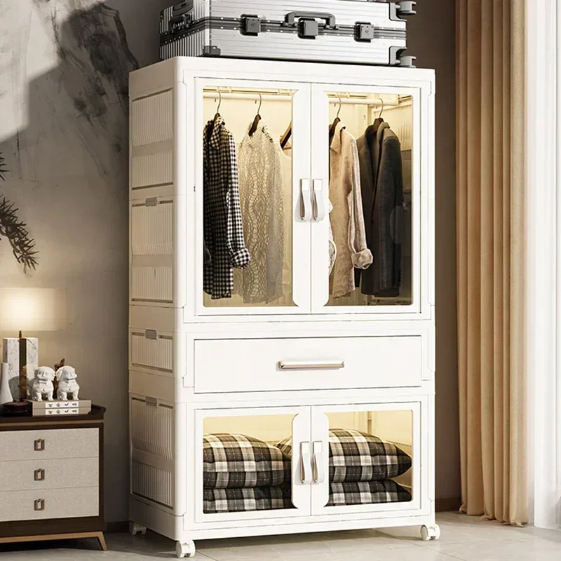 Folding Transparent Wardrobe: Plastic
  Storage Cabinet w/ Pulleys & Drawer