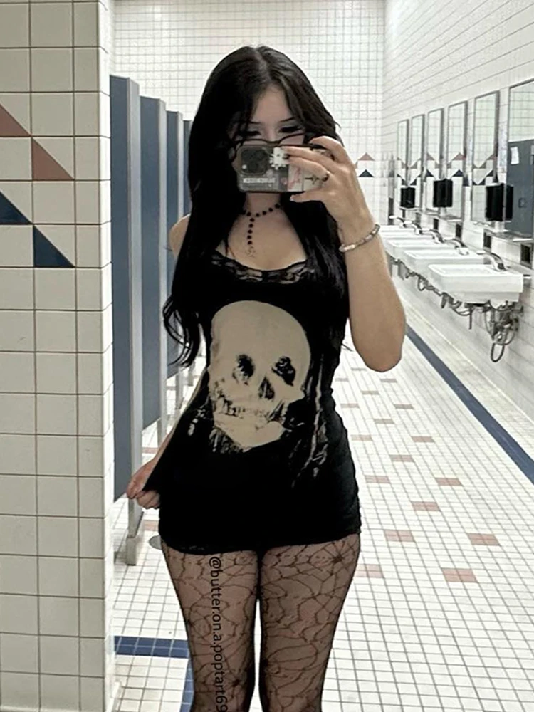 AltGoth Cyber Gothic Dress: Harajuku
  Skull Print Sleeveless Bodycon