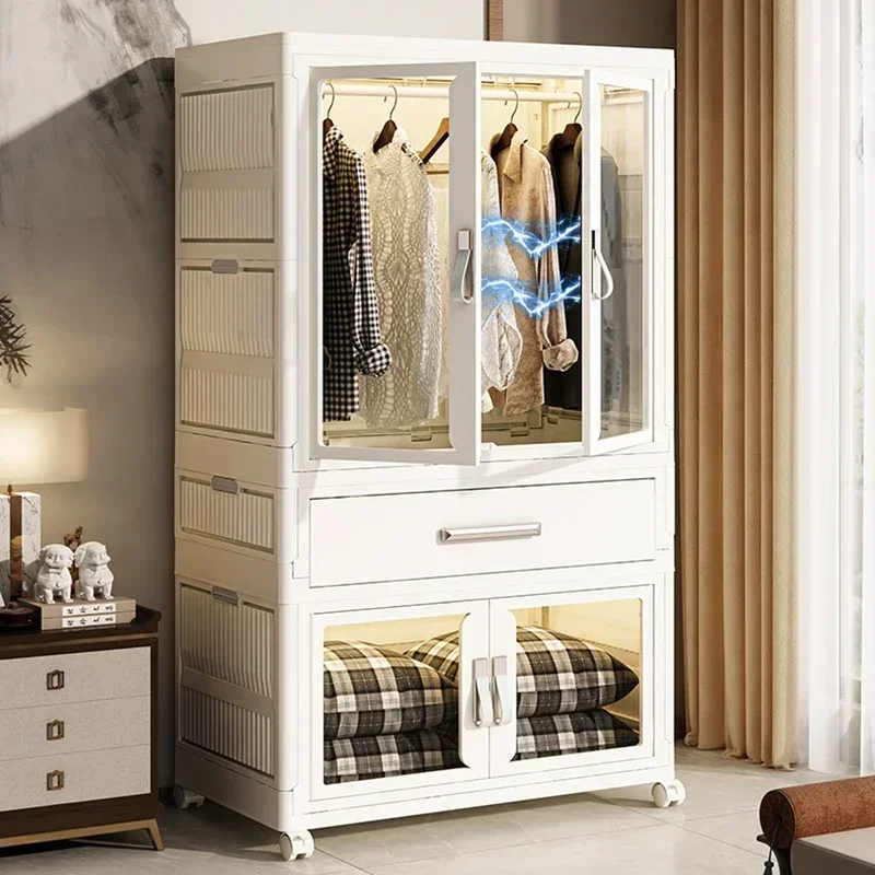 Folding Transparent Wardrobe: Plastic Storage Cabinet w/ Pulleys & Drawer 2 Folding Transparent Wardrobe: Plastic
  Storage Cabinet w/ Pulleys & Drawer - Image 2