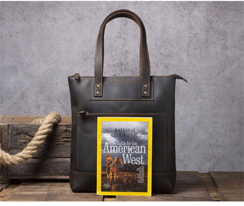 Vintage Crazy Horse Cowhide Tote Bag: 14" Leather Laptop Shoulder Bag 6 Vintage Crazy Horse Cowhide Tote Bag:
  14" Leather Laptop Shoulder Bag - Image 6