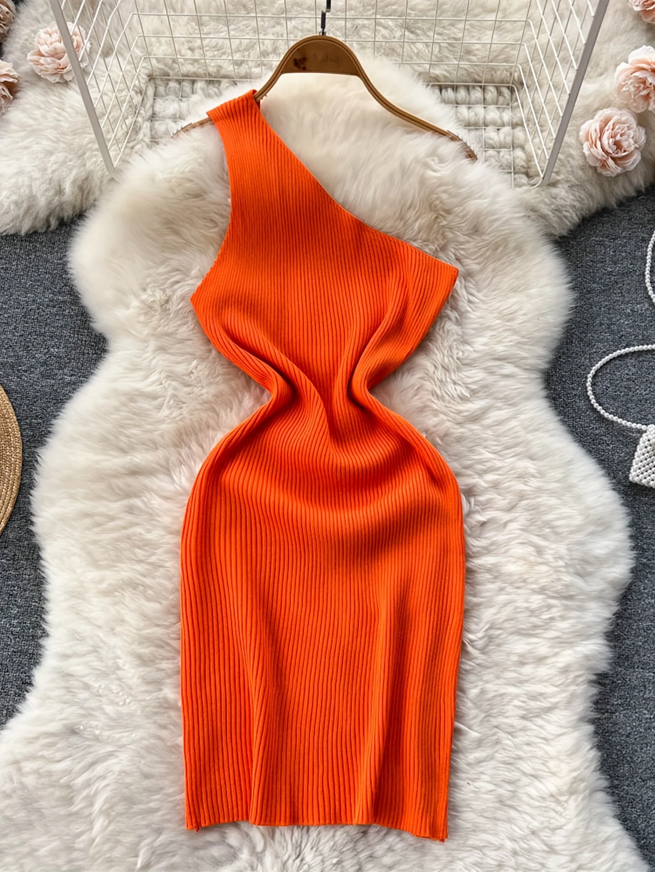 Solid Mini Dress: Sexy Slim Elastic Knit
  Party Dress (Package Hips)